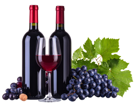 red wine bottle with a glass wine and grapes on transparent background png