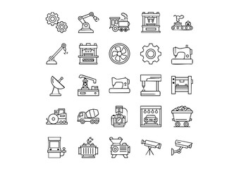 Industrial Vector Icons: 25 Black and White Machine Graphics, Heavy Machinery Line Art Icons: Engineering and Manufacturing Set, Monochrome Automation Icons: Tools and Equipment Collection