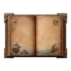 Antique nautical journal with open map and ship illustrations for historical exploration themes