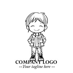 Black and White Chibi Girl Standing in Jacket, Pants, and Boots. Simple Bold Vector Illustration
