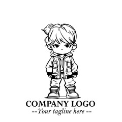 Black and White Chibi Girl Standing in Jacket, Pants, and Boots. Simple Bold Vector Illustration
