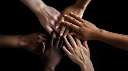 Multiple diverse hands stacked together in a gesture of unity against a dark background