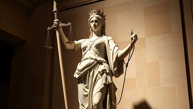 themis. A majestic marble statue holding scales and a sword, embodying justice and classical artistry in a solemn setting. event programs.