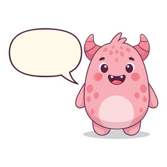 Pink Baby Monster with Horns Holding Speech Bubble – Cute Flat Cartoon