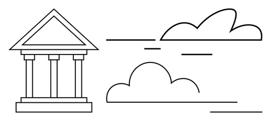Ancient columned building with triangular roof beside abstract clouds and linear details. Ideal for history, architecture, law, heritage, education, tradition, and minimalism themes. Simple flat