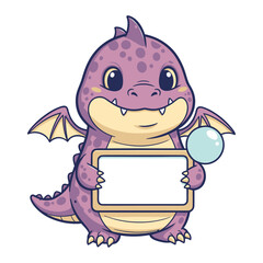 Pastel Baby Dragon Monster with Text Board – Kawaii 2D Flat Cartoon