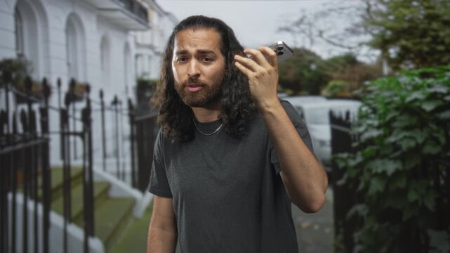 Young man holds smartphone to ear on city street near iron railings and white townhouses wearing dark tee; urban frustration.