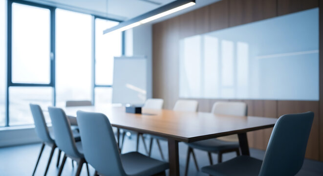 Modern conference room with a long wooden table, gray chairs, white board, and large window allowing natural light.