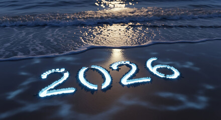 Year 2026 Written in Sand Illuminated by Ocean Waves at Night