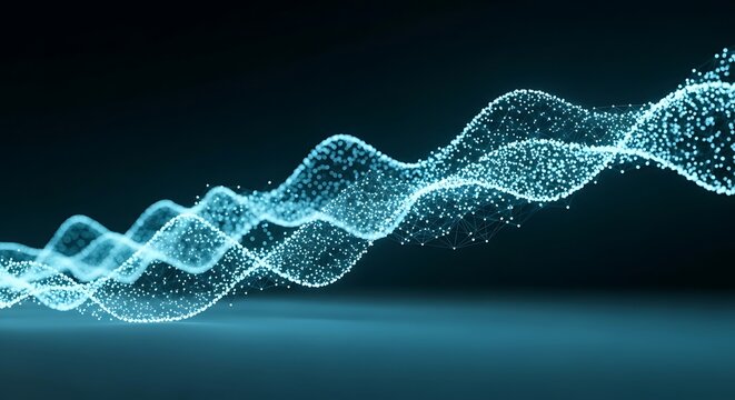 Dynamic Blue Particle Wave: Abstract Digital Data Flowing Light Energy on Dark Background