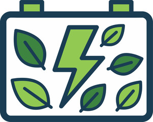 Illustration of a green energy battery with leaves and a lightning bolt, symbolizing renewable resources, sustainable power, and eco-friendly technology