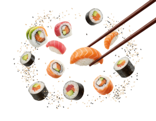 Flying Sushi Rolls with Chopsticks, Dynamic Composition, Isolated