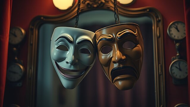 oriflamme. Comedy and tragedy masks hanging before a vintage dressing room mirror in a dim backstage setting. event programs.