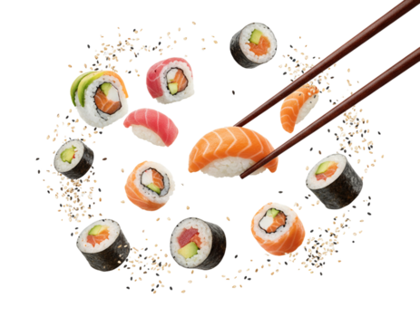 Flying Sushi Rolls with Chopsticks, Dynamic Composition, Isolated - Powered by Adobe