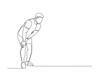 Continuous line art drawing of young man with knee pain. Man struggle with leg injury or trauma in single line art drawing vector illustration. Editable stroke.