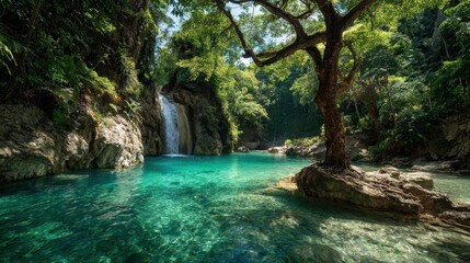 Turquoise waterfall cascading into a clear jungle pool surrounded by lush greenery