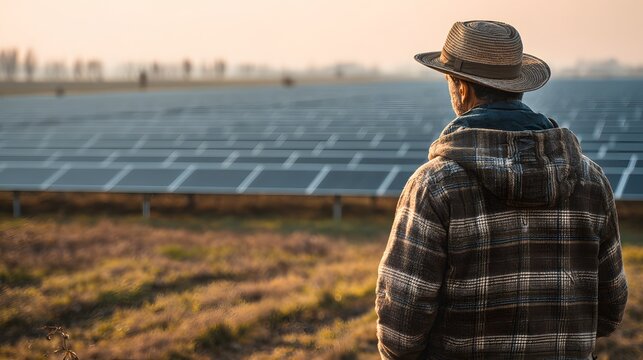 Experienced agricultural worker observes expansive solar energy facility during golden hour light - Powered by Adobe