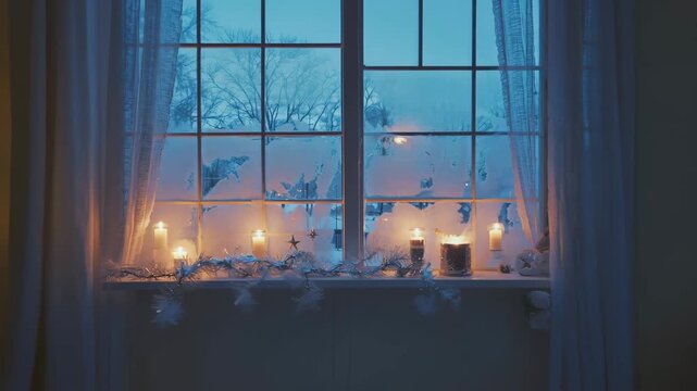 A serene winter scene viewed from indoors, showing a frosty window decorated with softly glowing candles and delicate tinsel garlands. Outside, snow-covered trees stand against a peaceful blue twiligh