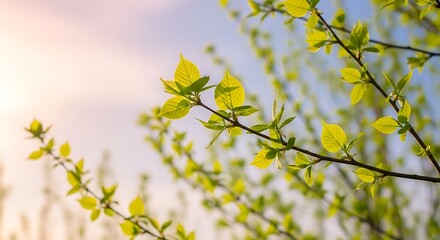 Randomly growing branches with delicate new leaves, soft pastel sky, morning sunlight haze, dreamy bokeh, airy composition