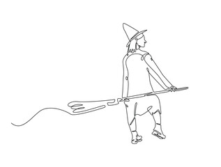 Continuous line art drawing of witch flying with broom. Beautiful woman riding a broom in single line art drawing vector illustration. Halloween concept.