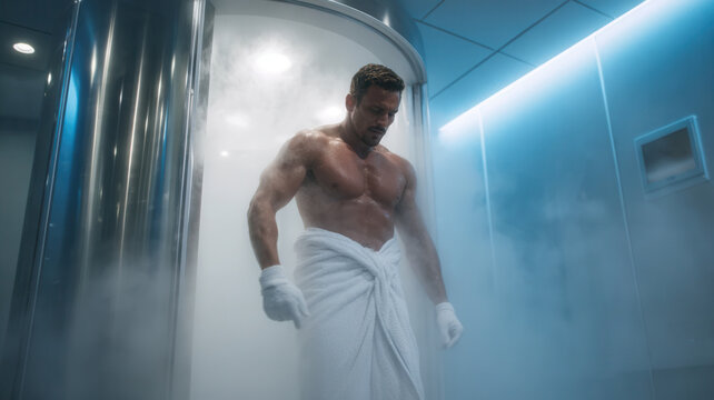 A man in a white towel wrap and thermal gloves, stepping into modern cryo pod with cold mist rising. Cryo therapy health concept.