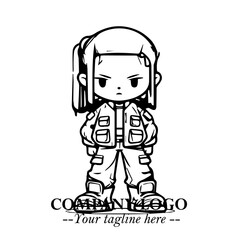 Black and White Chibi Girl Standing in Jacket, Pants, and Boots. Simple Bold Vector Illustration
