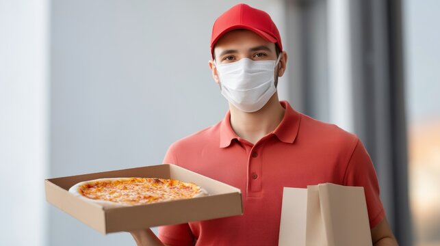 On a sunny afternoon, a young delivery man in a red cap and mask smiles while holding a pizza box and bags at a door. He represents the joy of food and community delivery