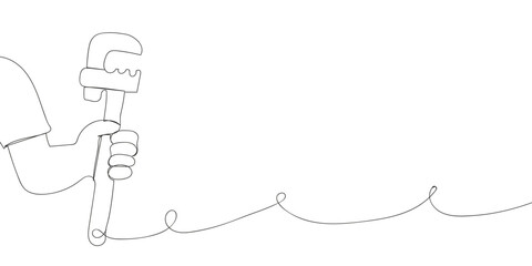 Person holding a wrench, ready to fix plumbing problems. Line draw illustration.