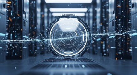 Futuristic Quantum Computing Core with Digital Data Wave in Advanced Server Room - AI Technology and Big Data Concept