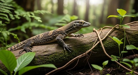Komodo dragon on fallen log in vibrant forest under soft dappled light