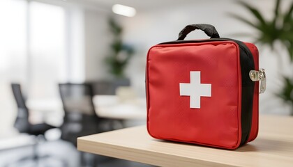 Modern workplace first aid kit for quick response and employee safety, ensuring a secure and prepared business environment with emergency supplies