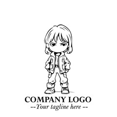 Black and White Chibi Girl Standing in Jacket, Pants, and Boots. Simple Bold Vector Illustration
