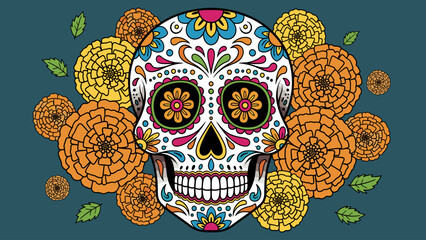 Colorful Sugar Skull (Calavera) with Marigold Flowers. Day of the Dead Festive Illustration