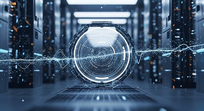 Futuristic Quantum Computing Core with Digital Data Wave in Advanced Server Room - AI Technology and Big Data Concept - Powered by Adobe