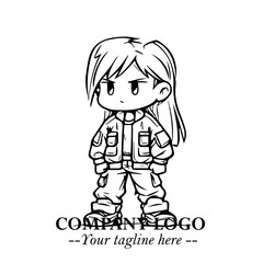 Black and White Chibi Girl Standing in Jacket, Pants, and Boots. Simple Bold Vector Illustration
