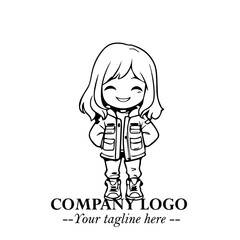 Black and White Chibi Girl Standing in Jacket, Pants, and Boots. Simple Bold Vector Illustration
