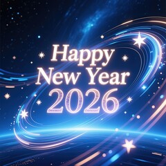 Bright Happy New Year 2026 lettering surrounded by glowing light trails, stars, and cosmic elements. 