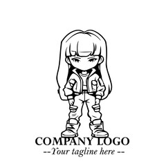 Black and White Chibi Girl Standing in Jacket, Pants, and Boots. Simple Bold Vector Illustration
