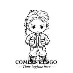 Black and White Chibi Girl Standing in Jacket, Pants, and Boots. Simple Bold Vector Illustration
