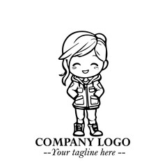 Black and White Chibi Girl Standing in Jacket, Pants, and Boots. Simple Bold Vector Illustration

