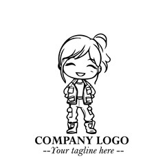 Black and White Chibi Girl Standing in Jacket, Pants, and Boots. Simple Bold Vector Illustration
