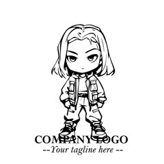 Black and White Chibi Girl Standing in Jacket, Pants, and Boots. Simple Bold Vector Illustration
