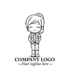 Black and White Chibi Girl Standing in Jacket, Pants, and Boots. Simple Bold Vector Illustration
