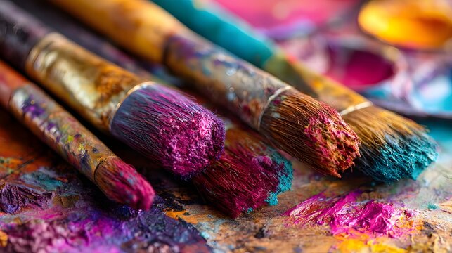 Various used painting brushes rest upon a vividly colored palette covered in thick pigments - Powered by Adobe