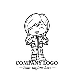 Black and White Chibi Girl Standing in Jacket, Pants, and Boots. Simple Bold Vector Illustration
