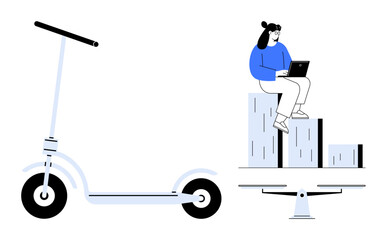 Woman using a laptop seated on columns, adjacent to a scooter and seesaw. Ideal for productivity, work-life balance, urban mobility, remote work, decision-making, minimalism, simple flat metaphor