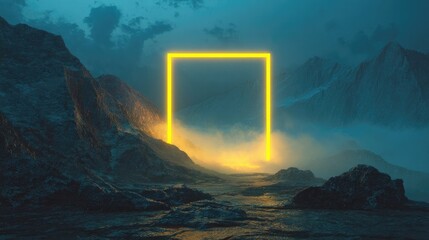 Glowing golden square portal on misty sea among dark rocks, mysterious surreal futuristic landscape with light reflection and fantasy concept