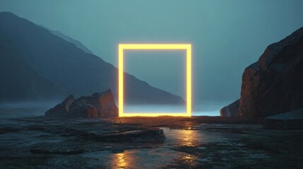 Glowing golden square portal on misty sea among dark rocks, mysterious surreal futuristic landscape with light reflection and fantasy concept