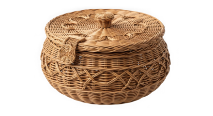 Woven wicker basket with lid isolated on transparent background