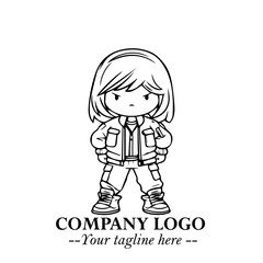 Black and White Chibi Girl Standing in Jacket, Pants, and Boots. Simple Bold Vector Illustration
